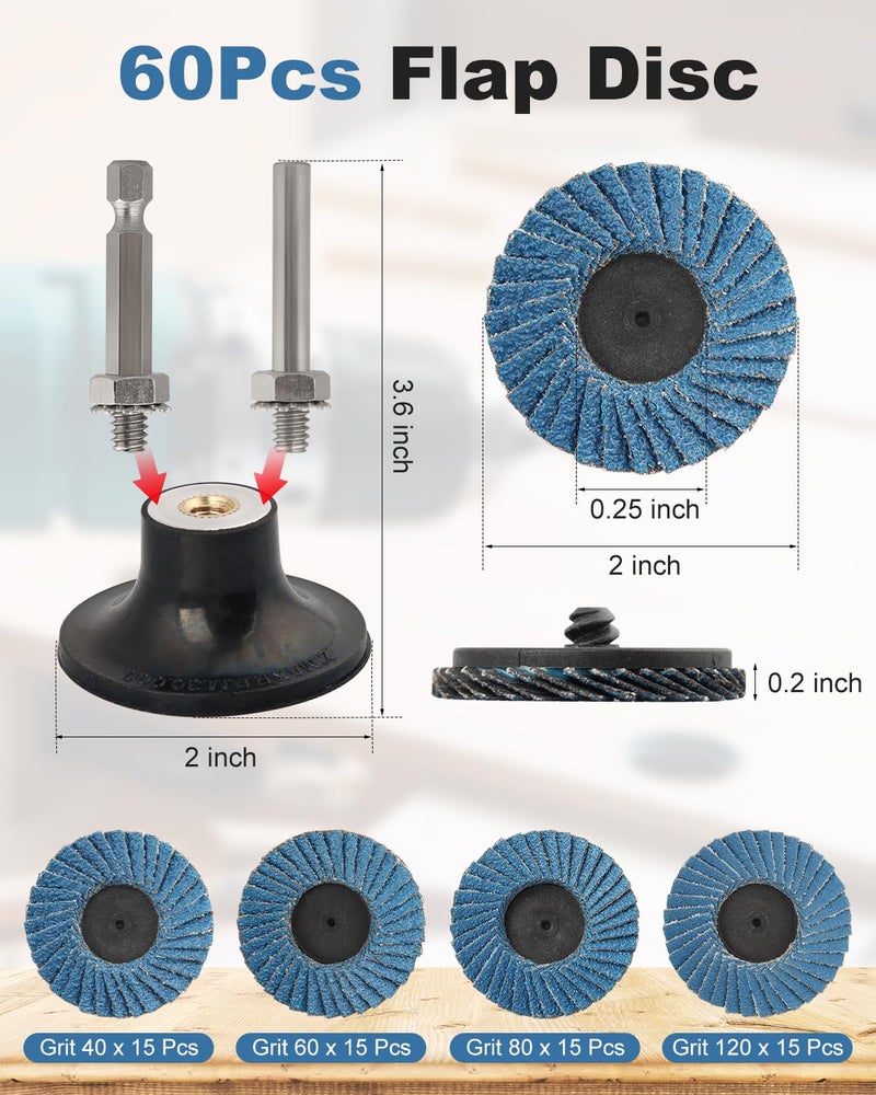 AOKLIT 60 Pcs Die Grinder Sanding Disc, 2 Inch Flap Disc Set with 1/4 Inch Holder, Flat Flap Discs Roll Lock Sanding Wheel 40 60 80 120Grit for Angle Grinder Rust Removal - Image 2